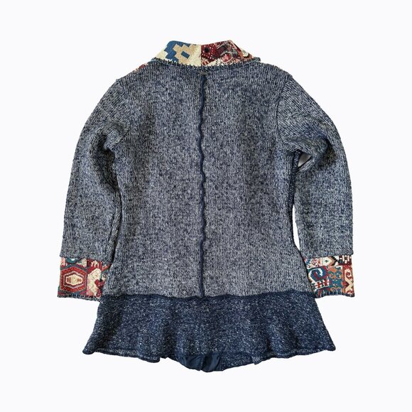 Sioni Knit Cardigan Sweater Sz M Navy Patchwork Southwestern Tapestry Trim Boho - Picture 2 of 10
